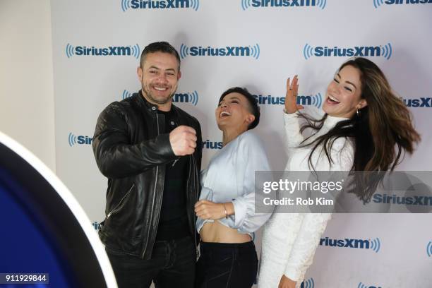 Cast of Strike Back Warren Brown, Alin Sumarwata and Roxanne McKee visit SiriusXM Studios on January 29, 2018 in New York City.