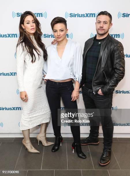 Cast of Strike Back Roxanne McKee, Alin Sumarwata and Warren Brown visit SiriusXM Studios on January 29, 2018 in New York City.