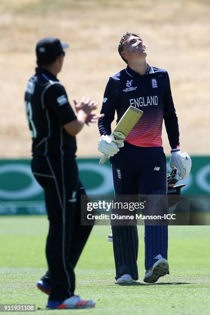 Tom Banton of England celebrates his centurey during the ICC U19 Cricket World Cup match between New Zealand and England at John Davies Oval on...