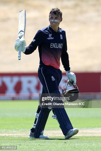 Tom Banton of England celebrates his centurey during the ICC U19 Cricket World Cup match between New Zealand and England at John Davies Oval on...