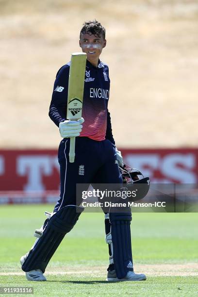 Tom Banton of England celebrates his centurey during the ICC U19 Cricket World Cup match between New Zealand and England at John Davies Oval on...