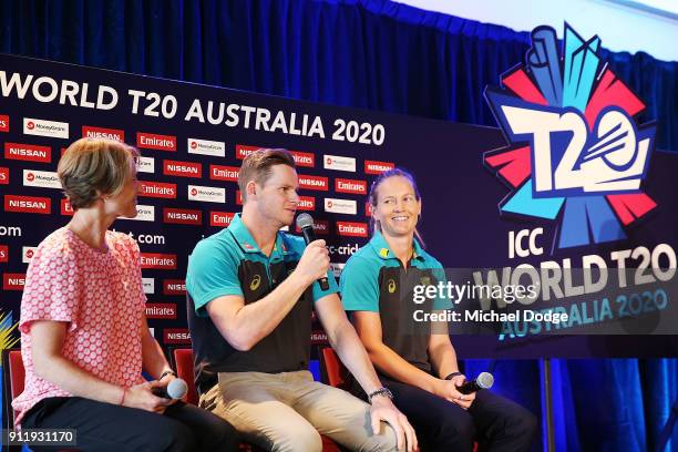 Australian Cricket captain Steve Smith speaks to media alongside Australian cricket legend Belinda Clarke and Australian Women's Cricket captain Meg...