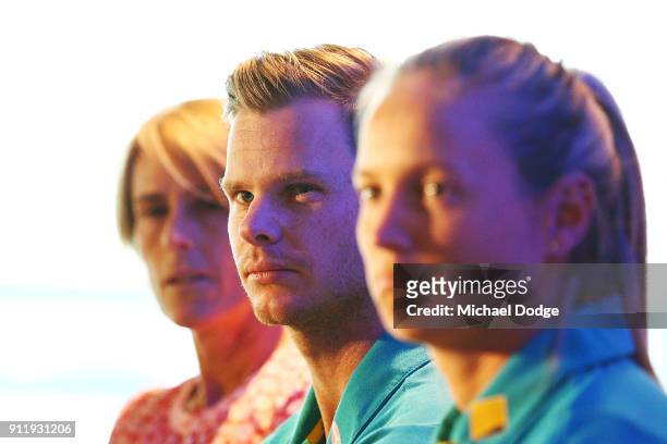 Australian Cricket captain Steve Smith speaks to media alongside Australian cricket legend Belinda Clarke and Australian Women's Cricket captain Meg...