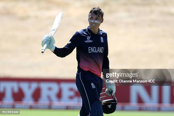 Tom Banton of England celebrates his centurey during the ICC U19 Cricket World Cup match between New Zealand and England at John Davies Oval on...