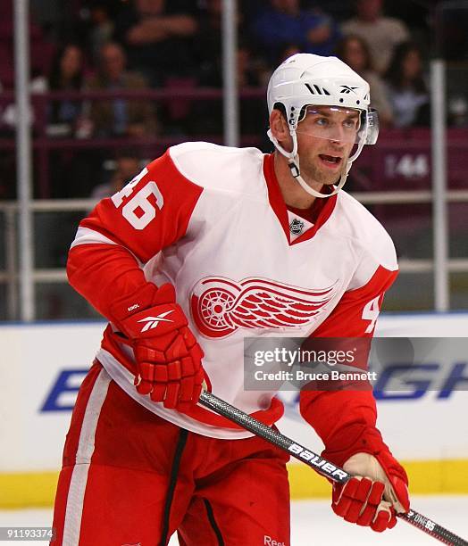 Jakub Kindl of the Detroit Red Wings skates against the New York Rangers during preseason action at Madison Square Garden on September 21, 2009 in...