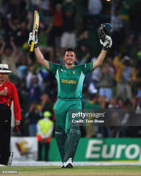 Graeme Smith of South Africa celebrates reaching his century during the ICC Champions Trophy group B match between South Africa and England at...