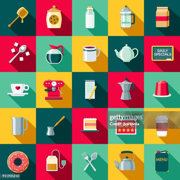 ilustraciones, imágenes clip art, dibujos animados e iconos de stock de diseño plano café & té conjunto de iconos con sombra lateral - espuma de leche