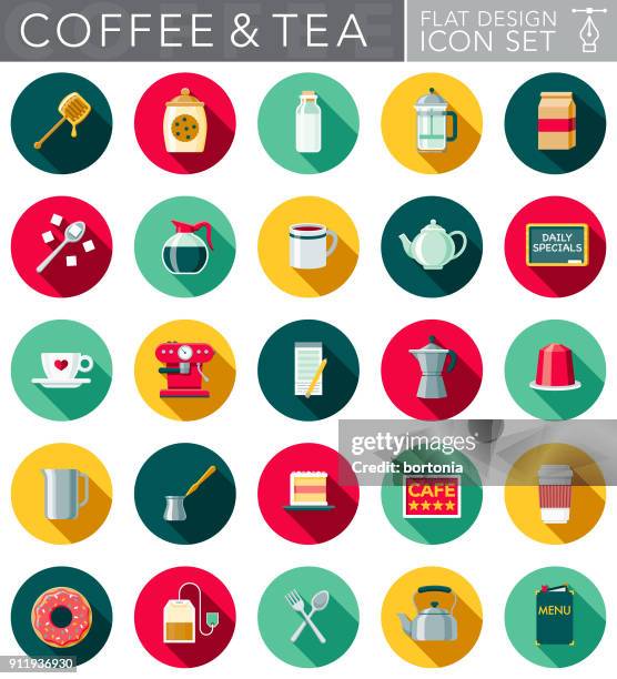 stockillustraties, clipart, cartoons en iconen met platte ontwerp koffie & thee icon set met kant schaduw - pot met koekjes