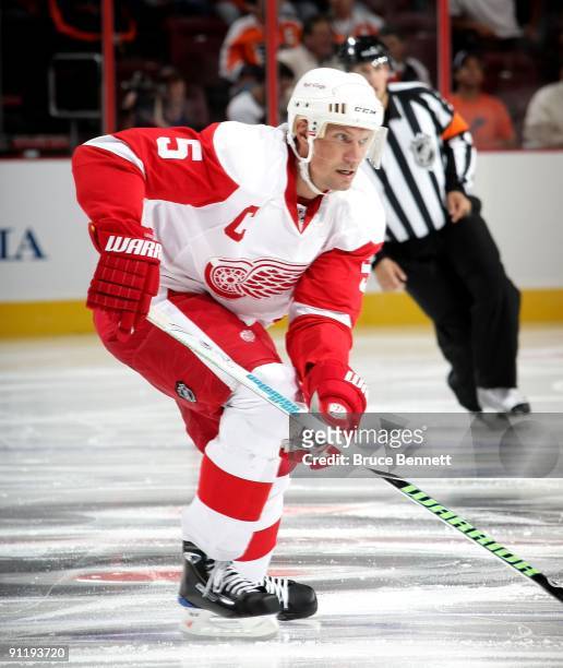 Nicklas Lidstrom of the Detroit Red Wings skates against the Philadelphia Flyers during preseason action at the Wachovia Center on September 22, 2009...