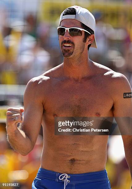 Todd Rogers of USA celebrates a point in the gold medal match against Brazil in the AVP Crocs Tour World Challenge at the Westgate City Center on...
