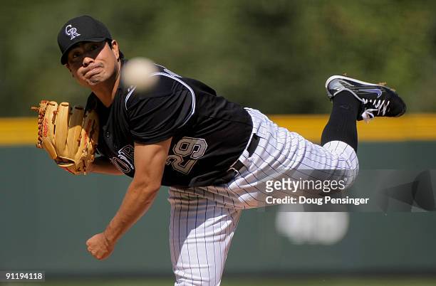 Starting pitcher Jorge De La Rosa of the Colorado Rockies delivers against the St. Louis Cardinals at Coors Field on September 27, 2009 in Denver,...