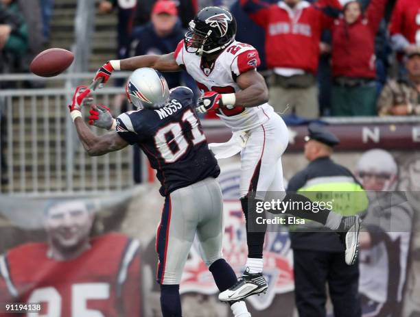 Erik Coleman of the Atlanta Falcons breaks up a pass intended for Randy Moss of the New England Patriots on September 27, 2009 at Gillette Stadium in...