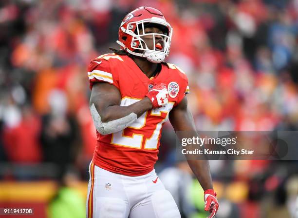 Kansas City Chiefs running back Kareem Hunt celebrates after scoring a touchdown in the first quarter against the Tennessee Titans on Saturday, Jan....