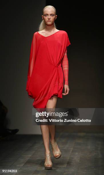 Model Vlada Roslyakova walks down the runway during the Salvatore Ferragamo show as part of Milan Womenswear Fashion Week Spring/Summer 2010 on...