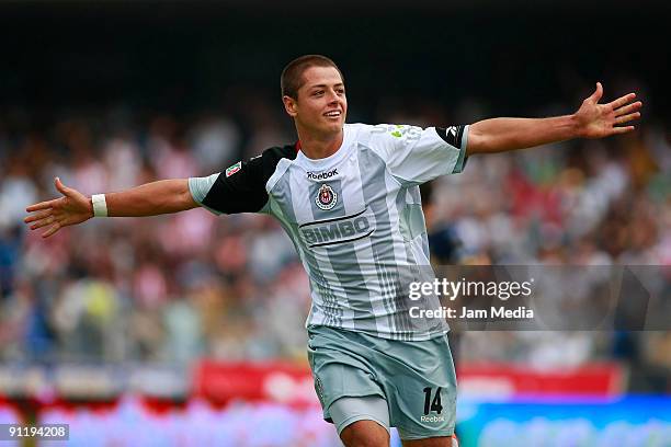 Javier Hernandez of Chivas celebrates scored goal during their match in the 2009 Opening tournament, the closing stage of the Mexican Football...