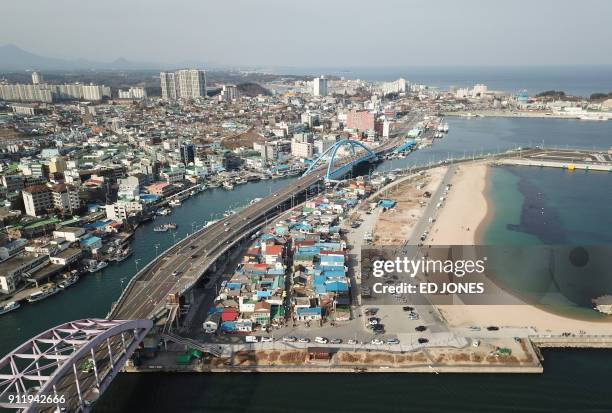 This photo taken on January 15, 2018 shows a general overhead view of "Abai village", a settlement originally created by North Korean refugees...