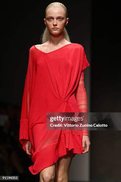 Model Vlada Roslyakova walks down the runway during the Salvatore Ferragamo show as part of Milan Womenswear Fashion Week Spring/Summer 2010 on...