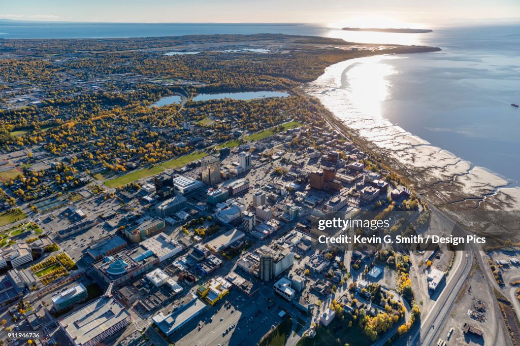Aerial View Of Downtown Anchorage And The Park Strip, Cook Inlet And Turnagain Arm Visible In The Background, Autumn Coloured Trees Filling The City, South-Central Alaska