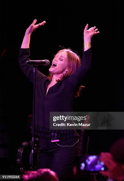 Belinda Carlisle of The Go-Go's performs onstage during a celebration of broadway's new musical 'Head Over Heels' at Bowery Ballroom on January 29,...