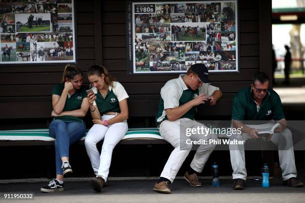 Staff from Cambridge Stud take a break in the shade during the Karaka Yearling Sales at NZ Bloocstock in Karaka on January 30, 2018 in Auckland, New...