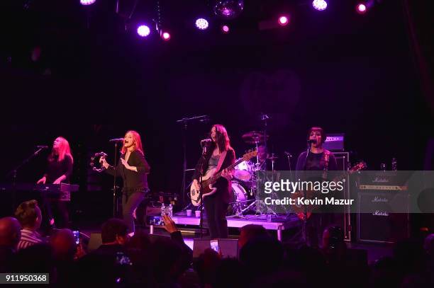 Charlotte Caffey, Belinda Carlisle, Gina Schock, Kathy Valentine and Jane Wiedlin of The Go-Go's perform onstage during a celebration of broadway's...