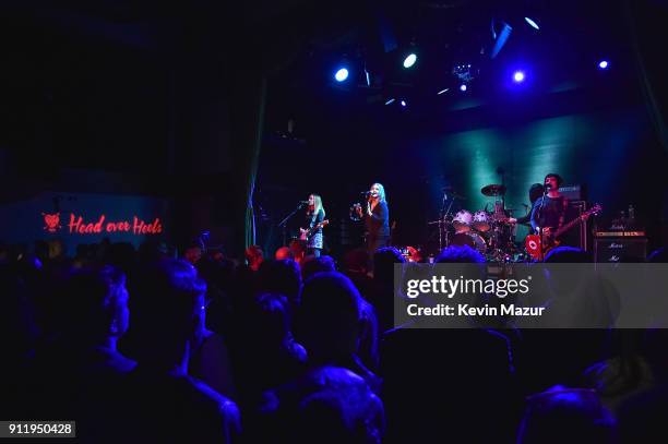Charlotte Caffey, Belinda Carlisle, Gina Schock, Kathy Valentine and Jane Wiedlin of The Go-Go's perform onstage during a celebration of broadway's...