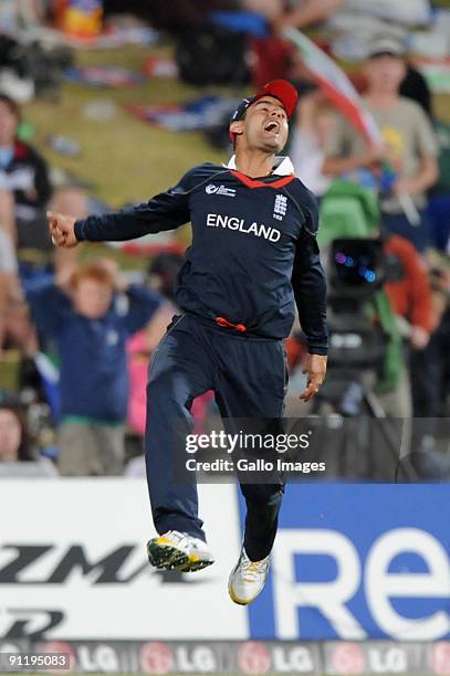 Owais Shah of England celebrates the wicket of Graeme Smith of South Africa during The ICC Champions Trophy match between South Africa and England on...