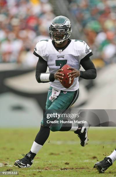 Quarterback Michael Vick of the Philadelphia Eagles rolls out of the pocket during a game against the Kansas City Chiefs on September 27, 2009 at...