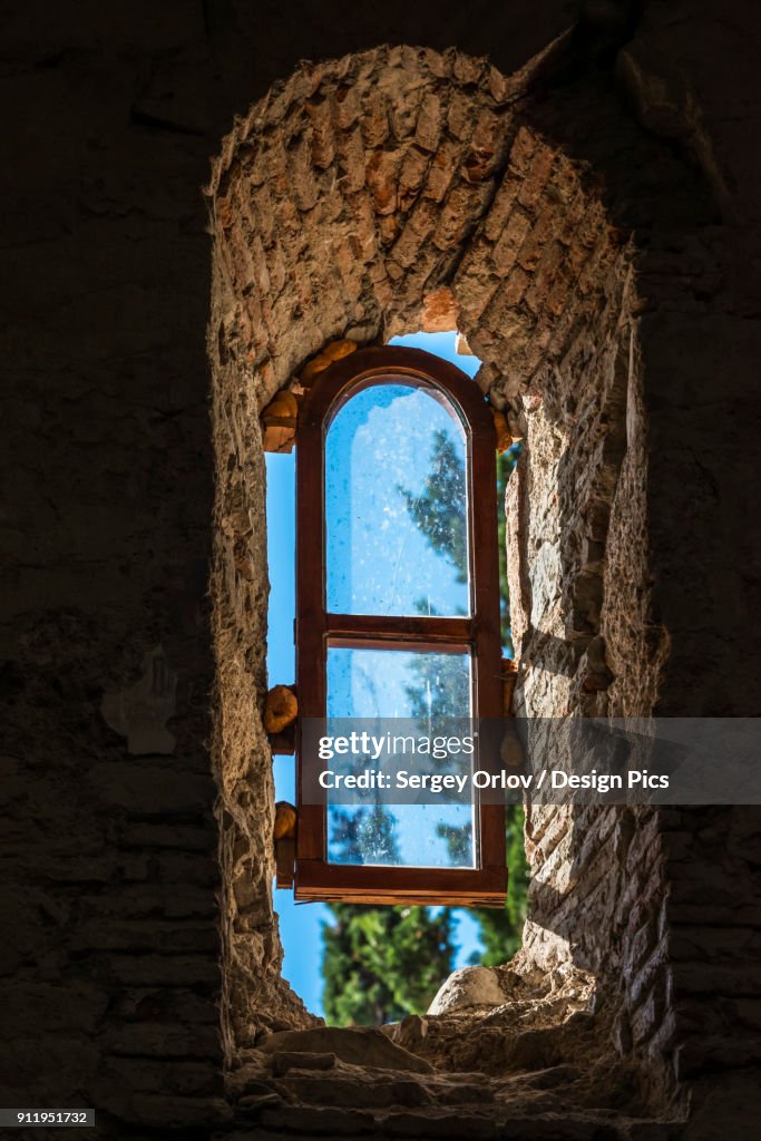 Close View Of A Glass Window In The Ancient Wall Of Ikalto Monastery