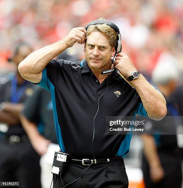 Heach coach Jack Del Rio gives a look toward the official after a flag was thrown on his team at Reliant Stadium on September 27, 2009 in Houston,...