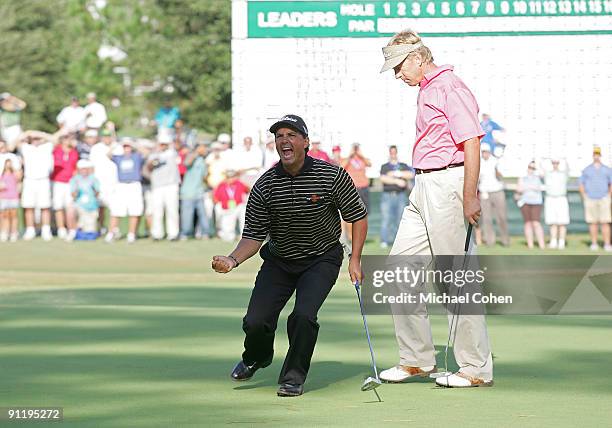 Tom Pernice,Jr. Reacts as he birdies the 18th hole to win the SAS Championship while Dan Forsman looks on at Prestonwood Country Club held on...