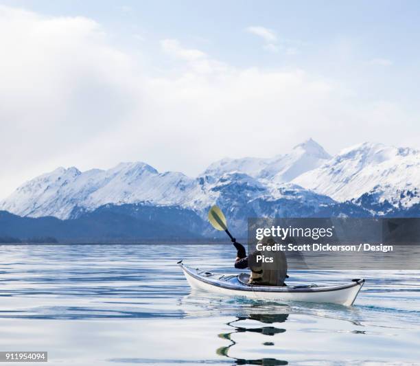 paddling in a canoe on tranquil water with a view of the snow capped kenai mountains, kachemak bay state park - kachemak bay stock pictures, royalty-free photos & images