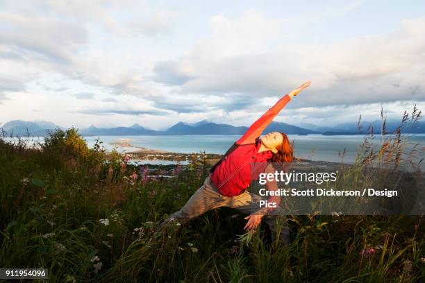 a woman doing yoga in a meadow with a view of homer spit, kachemak bay and the kenai mountains in the background - kachemak bay stock pictures, royalty-free photos & images