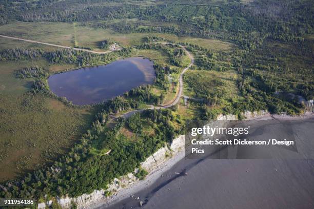 aerial view of stone step lake, development beach and kachemak bay - kachemak bay stock pictures, royalty-free photos & images