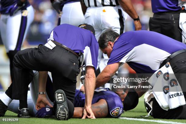 Ray Lewis of the Baltimore Ravens lies on the field after an injury during the game against the Cleveland Browns at M&T Bank Stadium on September 27,...