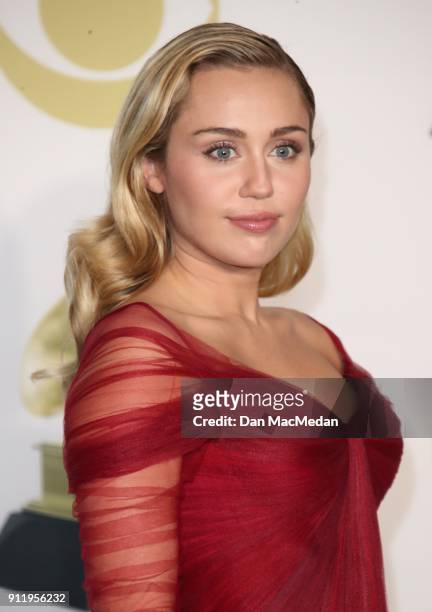 Singer Miley Cyrus poses in the press room at the 60th Annual GRAMMY Awards at Madison Square Garden on January 28, 2018 in New York City.