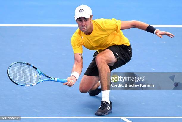 Jordan Thompson of Australia plays a shot during a practice session ahead of the Davis Cup World Group First Round tie between Australia and Germany...