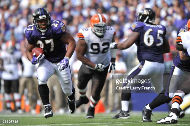 Ray Rice of the Baltimore Ravens runs the ball into the endzone for his first career touchdown against the Cleveland Browns at M&T Bank Stadium on...