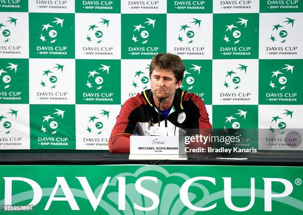 Team Captain Michael Kohlmann of Germany speaks during a press conference ahead of the Davis Cup World Group First Round tie between Australia and...