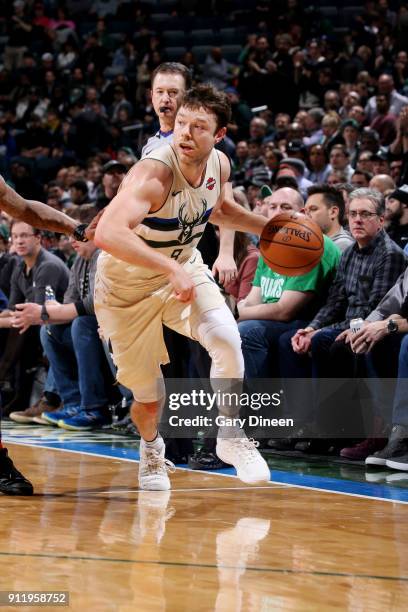 Matthew Dellavedova of the Milwaukee Bucks handles the ball during the game against the Philadelphia 76ers on January 29, 2018 at the BMO Harris...