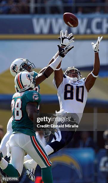 Wide receiver Malcom Floyd of the San Diego Chargers goes up for a catch against the Miami Dolphins at Qualcomm Stadium on September 27, 2009 in San...