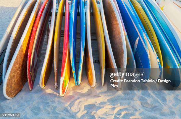 a stack of colourful longboard surfboards placed on the beach, - honolulu stock pictures, royalty-free photos & images