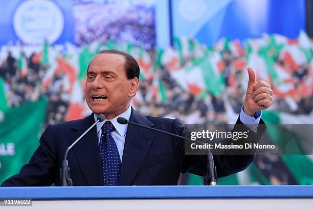 Italian Prime Minister Silvio Berlusconi speaks at the Italian Party Of Freedom Festival on September 27, 2009 in Milan, Italy. This is the first PDL...