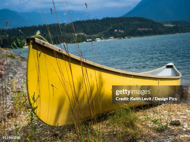a bright yellow canoe on the shore of slocan lake - slocan lake stock pictures, royalty-free photos & images