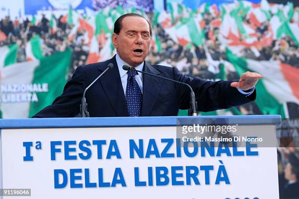 Italian Prime Minister Silvio Berlusconi speaks at the Italian Party Of Freedom Festival on September 27, 2009 in Milan, Italy. This is the first PDL...