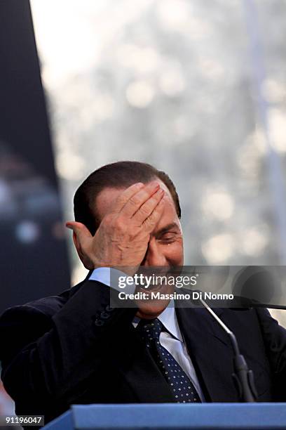 Italian Prime Minister Silvio Berlusconi speaks at the Italian Party Of Freedom Festival on September 27, 2009 in Milan, Italy. This is the first PDL...