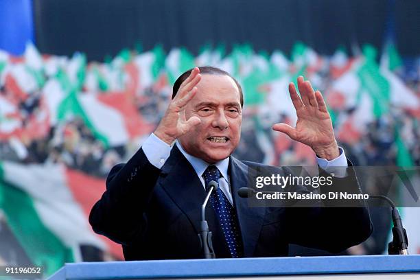 Italian Prime Minister Silvio Berlusconi speaks at the Italian Party Of Freedom Festival on September 27, 2009 in Milan, Italy. This is the first PDL...