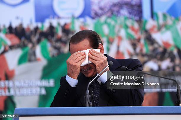 Italian Prime Minister Silvio Berlusconi speaks at the Italian Party Of Freedom Festival on September 27, 2009 in Milan, Italy. This is the first PDL...