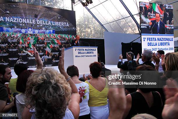 Italian Prime Minister Silvio Berlusconi speaks at the Italian Party Of Freedom Festival on September 27, 2009 in Milan, Italy. This is the first PDL...