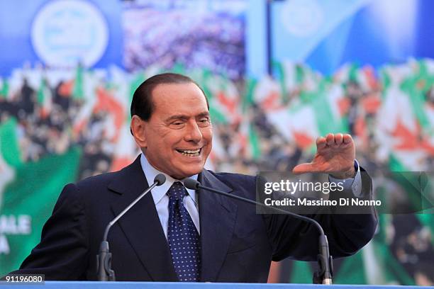 Italian Prime Minister Silvio Berlusconi speaks at the Italian Party Of Freedom Festival on September 27, 2009 in Milan, Italy. This is the first PDL...